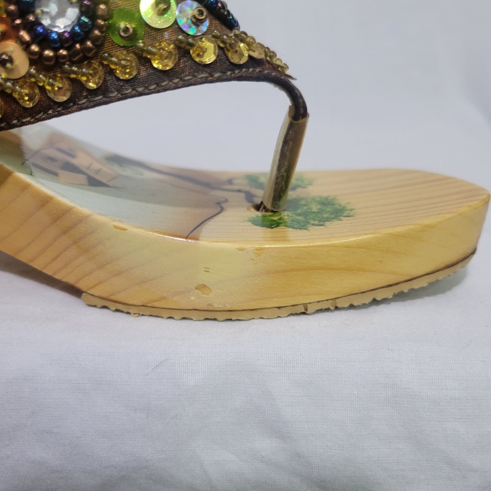 Vintage Y2K Bamboo Wooden Wedge Sandals Boho Sequin Painted Size 7 - Picture 6 of 13
